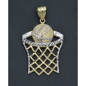 Real 10K Two-Tone Gold 41mm Diamond Cut Basketball Hoop Net Sport Pendant 2.0gr